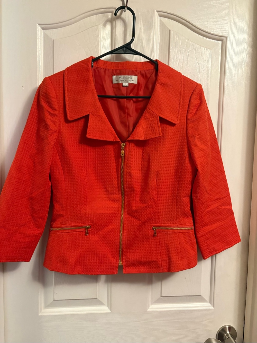 T Tahari Orange-Red Zip Front Textured Blazer